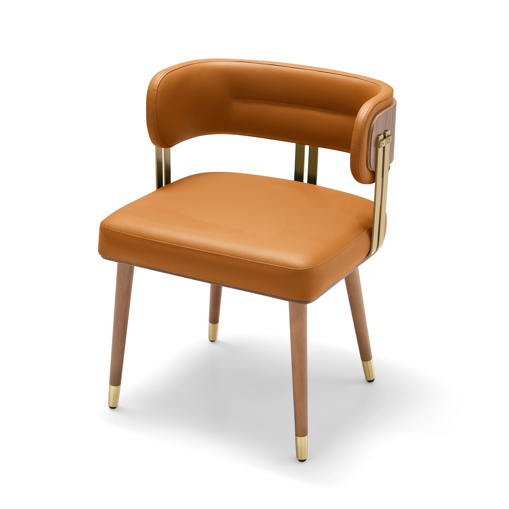 ARTPLAN Walnut Leather Dining Chair - Modern Upholstered Kitchen Chair with High-Resilience Foam Cushion, Stainless Steel Gold Frame for Dining Room, Easy Assembly
