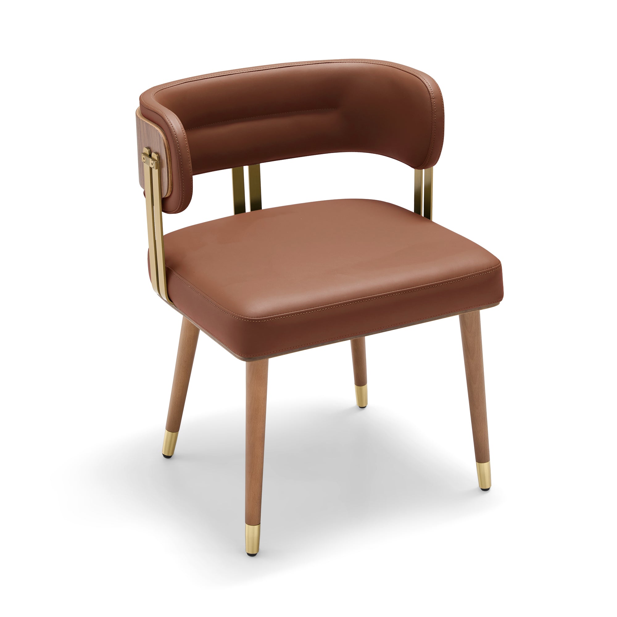 ARTPLAN Walnut Leather Dining Chair - Modern Upholstered Kitchen Chair with High-Resilience Foam Cushion, Stainless Steel Gold Frame for Dining Room, Easy Assembly
