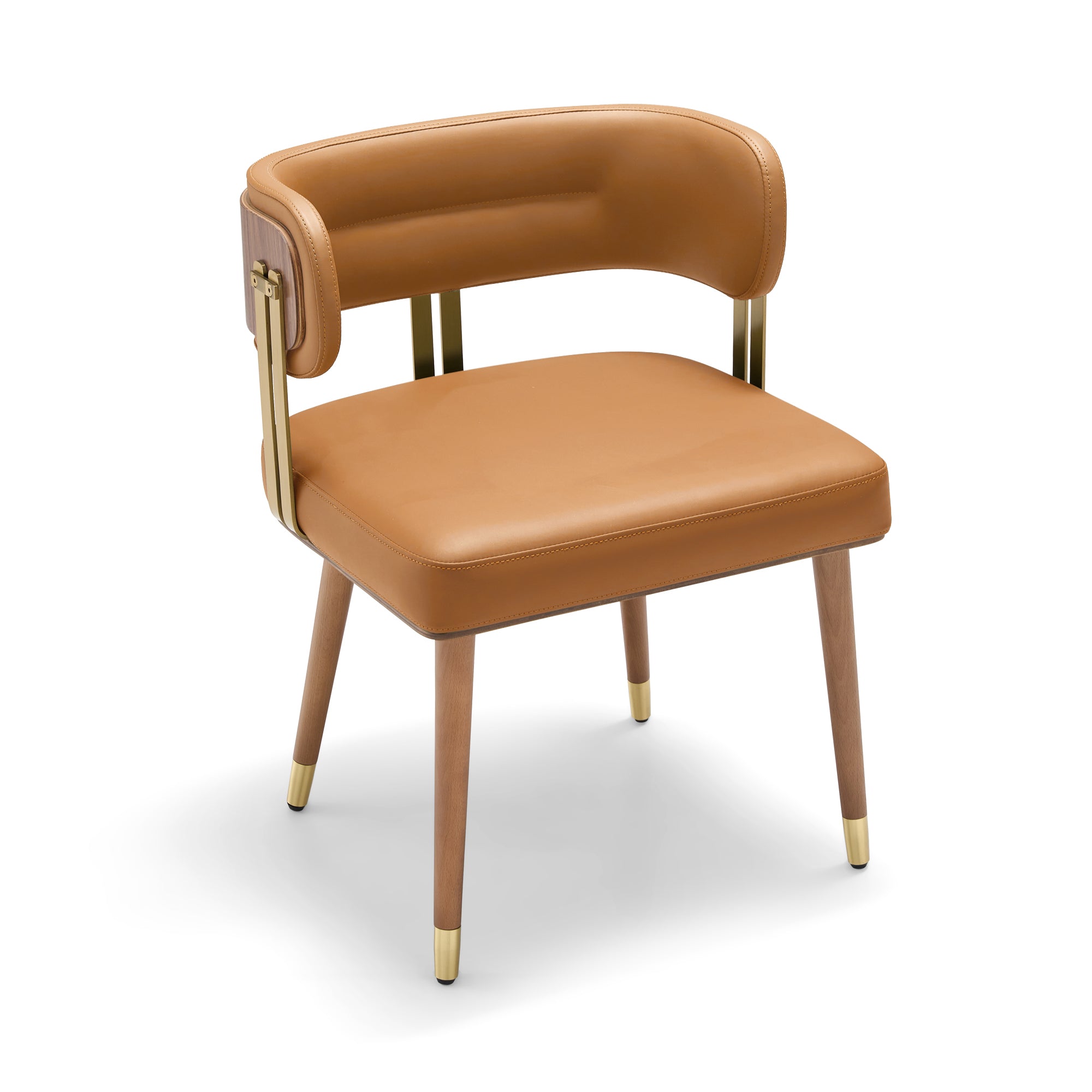 ARTPLAN Walnut Leather Dining Chair - Modern Upholstered Kitchen Chair with High-Resilience Foam Cushion, Stainless Steel Gold Frame for Dining Room, Easy Assembly