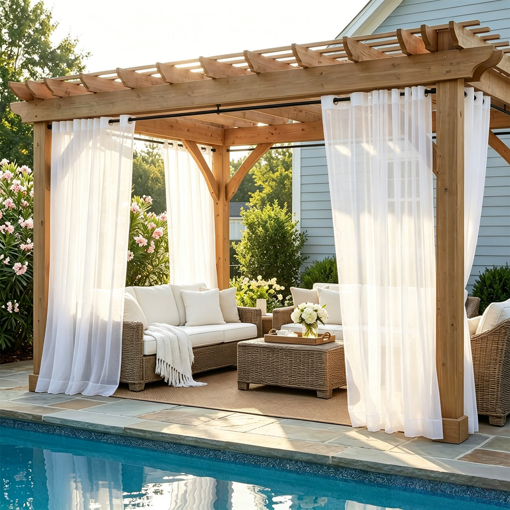 Waterproof Sheer Curtains 2 Panels, UV Protected Voile Drapes for Gazebo