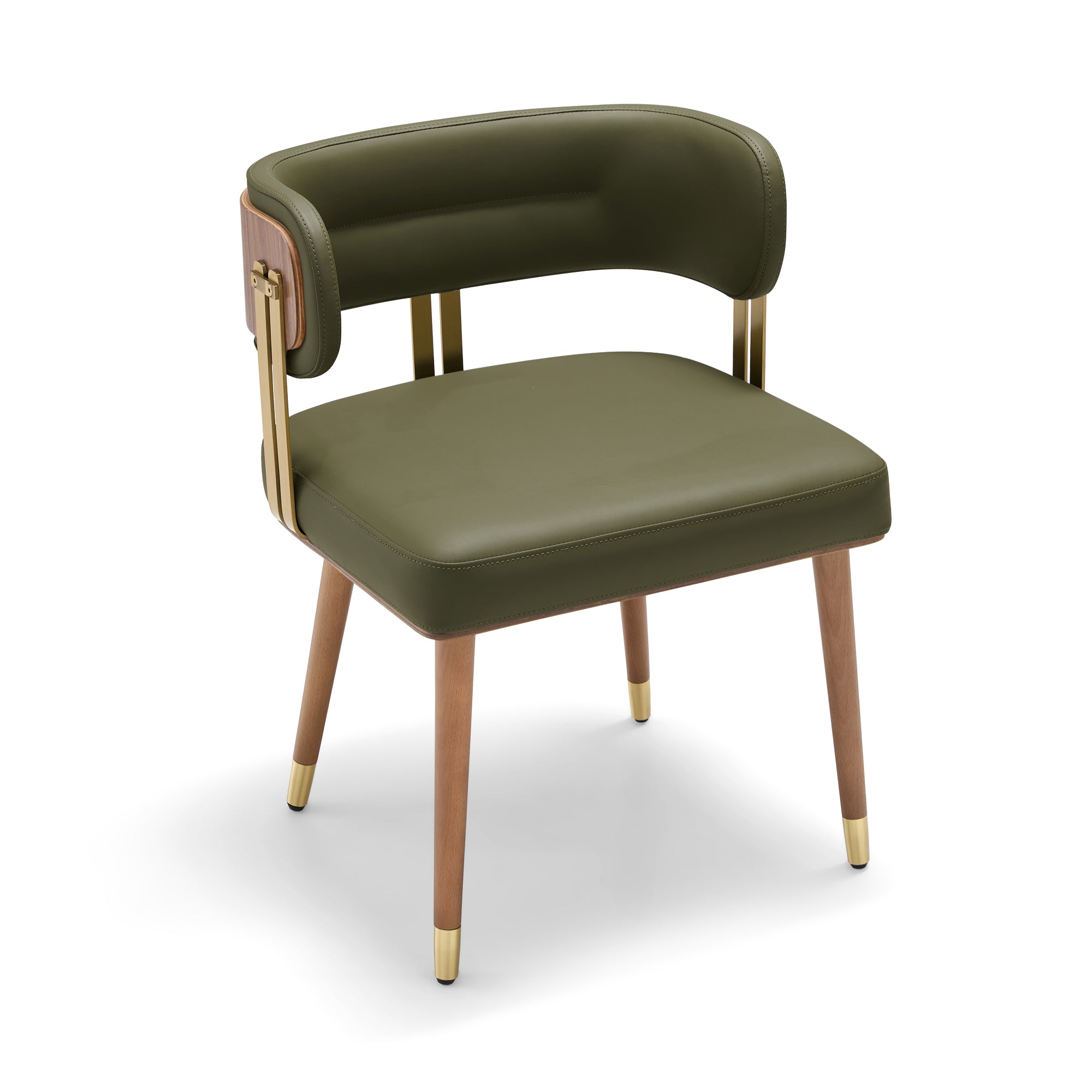 ARTPLAN Mid-Century Modern Dining Chair, Leather Upholstered Kitchen Chairs with Walnut Wood Veneer & Gold Metal Legs, High Resilience Foam Cushion for Comfort, Accent Chairs for Dining Room