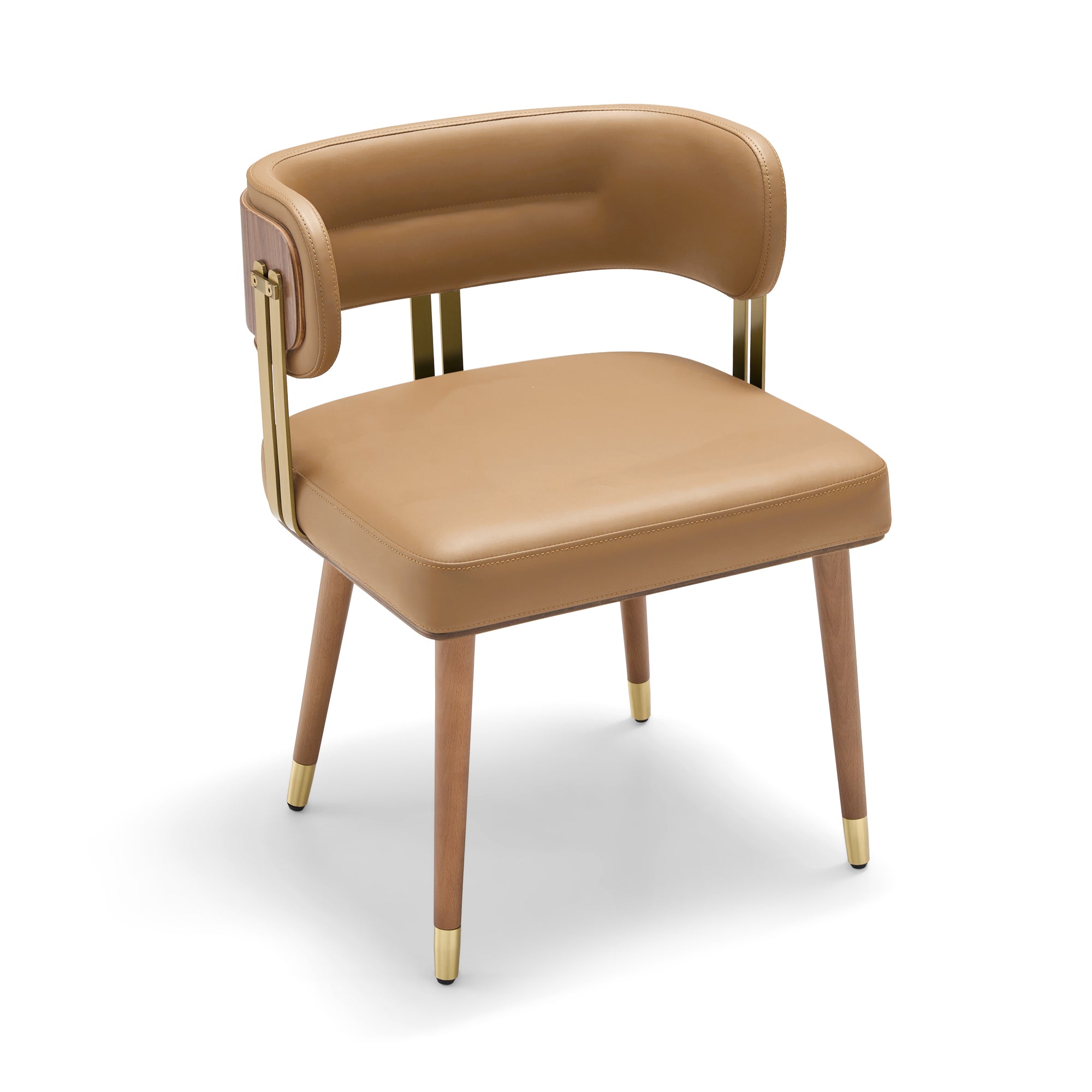 ARTPLAN Walnut Leather Dining Chair - Modern Upholstered Kitchen Chair with High-Resilience Foam Cushion, Stainless Steel Gold Frame for Dining Room, Easy Assembly