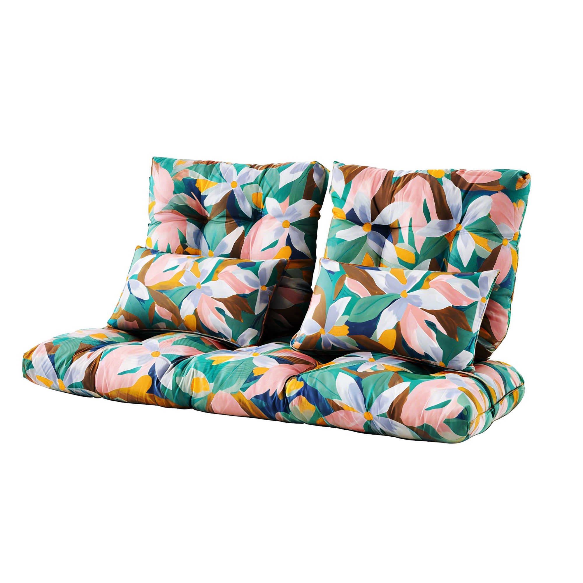 ARTPLAN Outdoor Cushions for Settee,Wicker Loveseat Cushions with Tie,Tufted Patio Cushions 2 U-Shaped Set of 5 Piece,L44xW19,Floral,