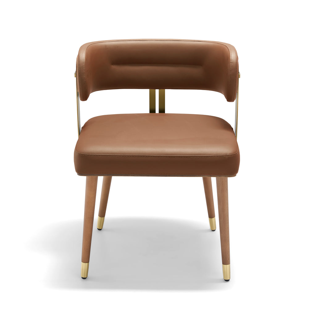 ARTPLAN Walnut Leather Dining Chair - Modern Upholstered Kitchen Chair with High-Resilience Foam Cushion, Stainless Steel Gold Frame for Dining Room, Easy Assembly
