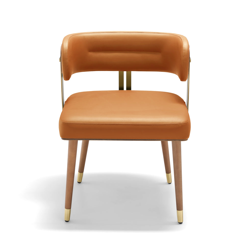 ARTPLAN Walnut Leather Dining Chair - Modern Upholstered Kitchen Chair with High-Resilience Foam Cushion, Stainless Steel Gold Frame for Dining Room, Easy Assembly