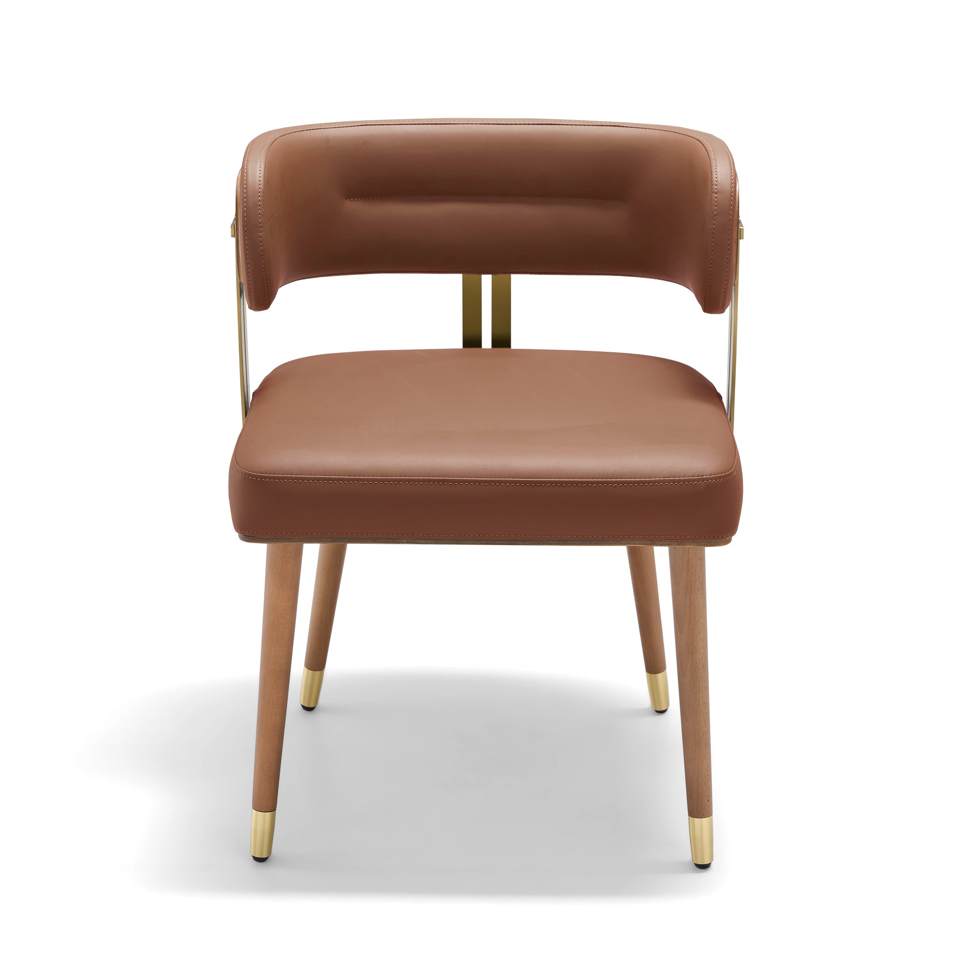 ARTPLAN Mid-Century Modern Dining Chair, Leather Upholstered Kitchen Chairs with Walnut Wood Veneer & Gold Metal Legs, High Resilience Foam Cushion for Comfort, Accent Chairs for Dining Room