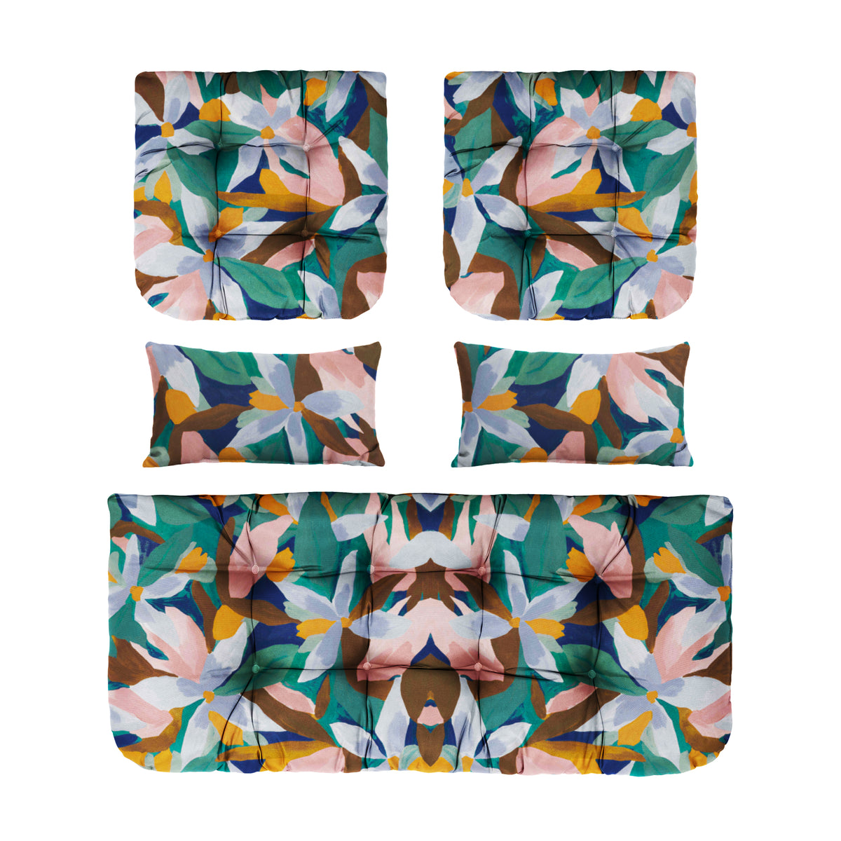 ARTPLAN Outdoor Cushions for Settee,Wicker Loveseat Cushions with Tie,Tufted Patio Cushions 2 U-Shaped Set of 5 Piece,L44xW19,Floral,