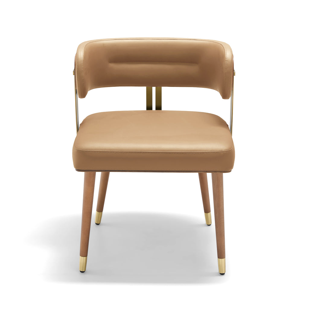 ARTPLAN Mid-Century Modern Dining Chair, Leather Upholstered Kitchen Chairs with Walnut Wood Veneer & Gold Metal Legs, High Resilience Foam Cushion for Comfort, Accent Chairs for Dining Room