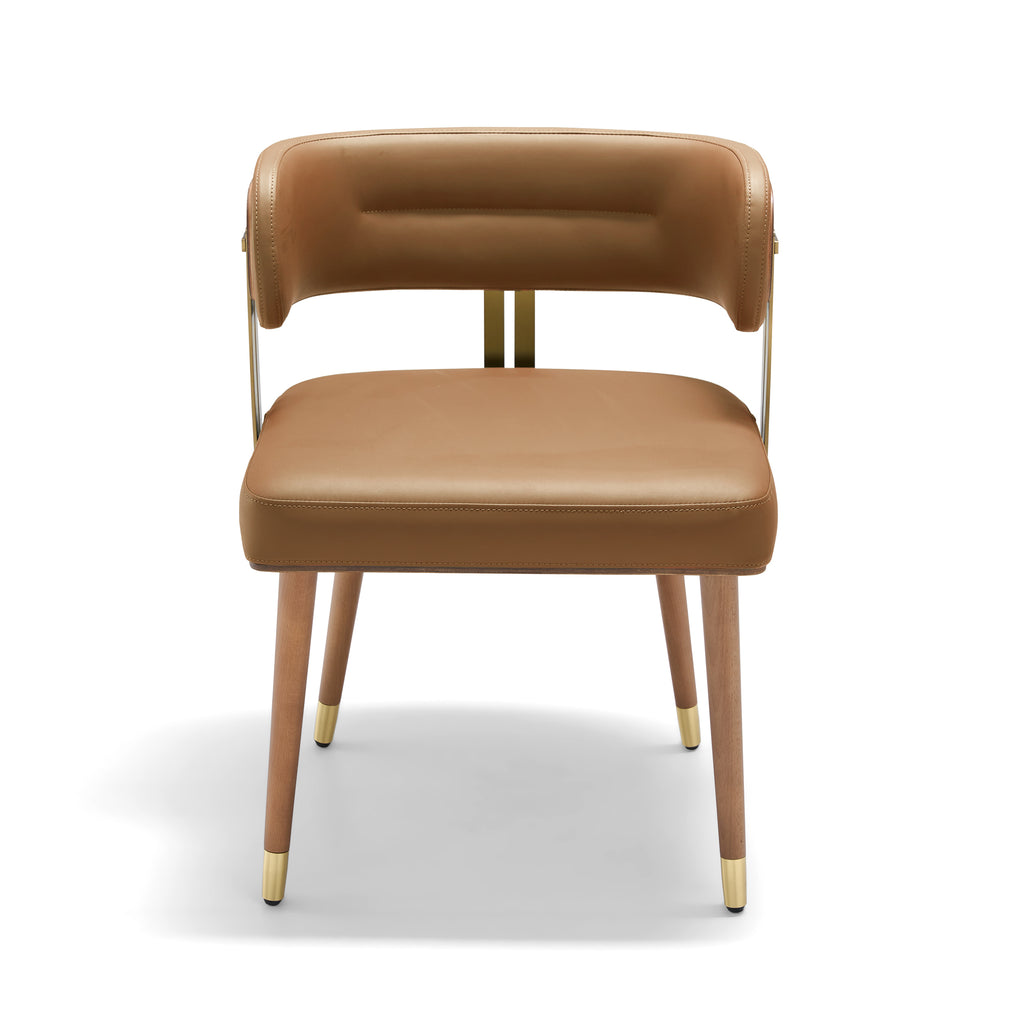 ARTPLAN Walnut Leather Dining Chair - Modern Upholstered Kitchen Chair with High-Resilience Foam Cushion, Stainless Steel Gold Frame for Dining Room, Easy Assembly