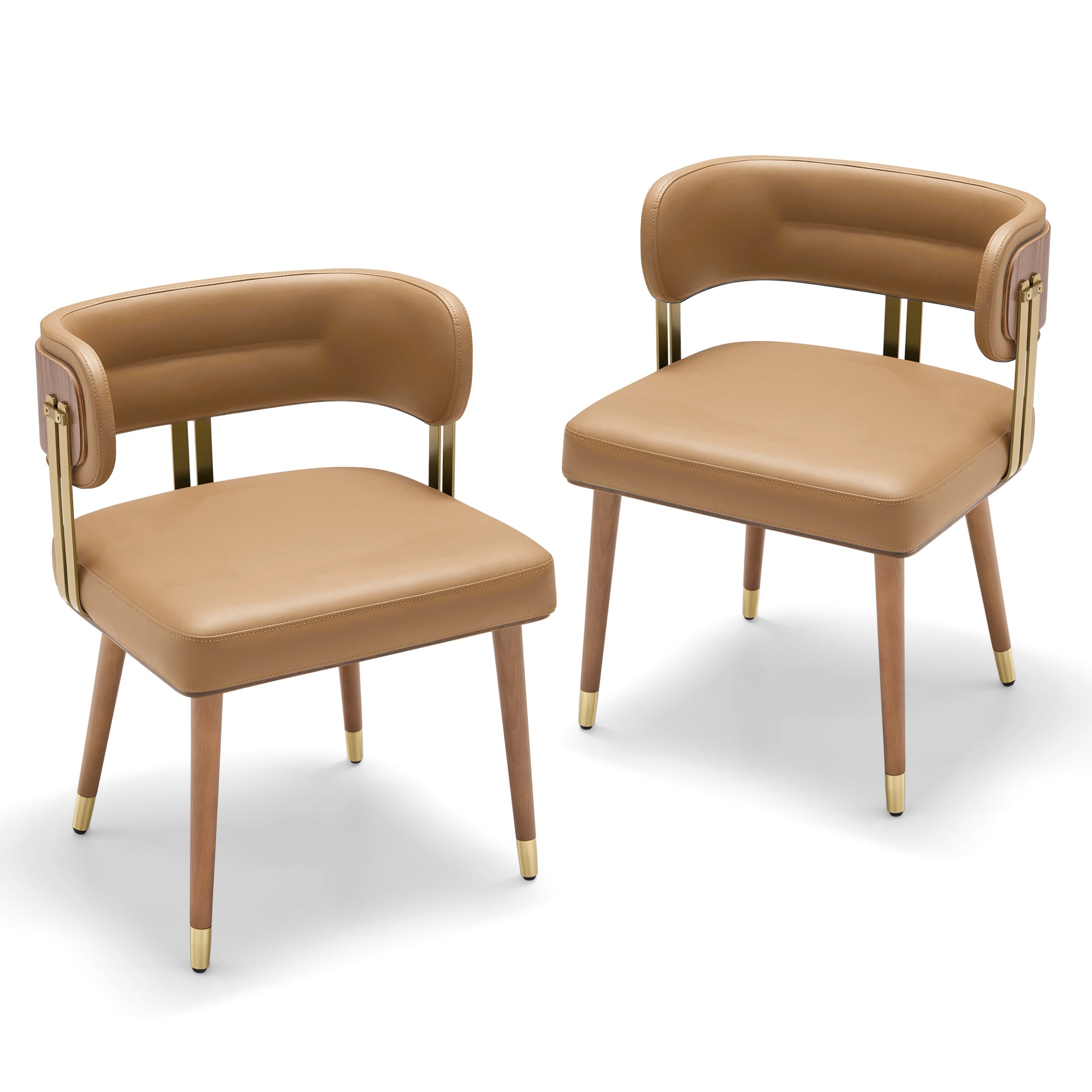 ARTPLAN Walnut Leather Dining Chair - Modern Upholstered Kitchen Chair with High-Resilience Foam Cushion, Stainless Steel Gold Frame for Dining Room, Easy Assembly
