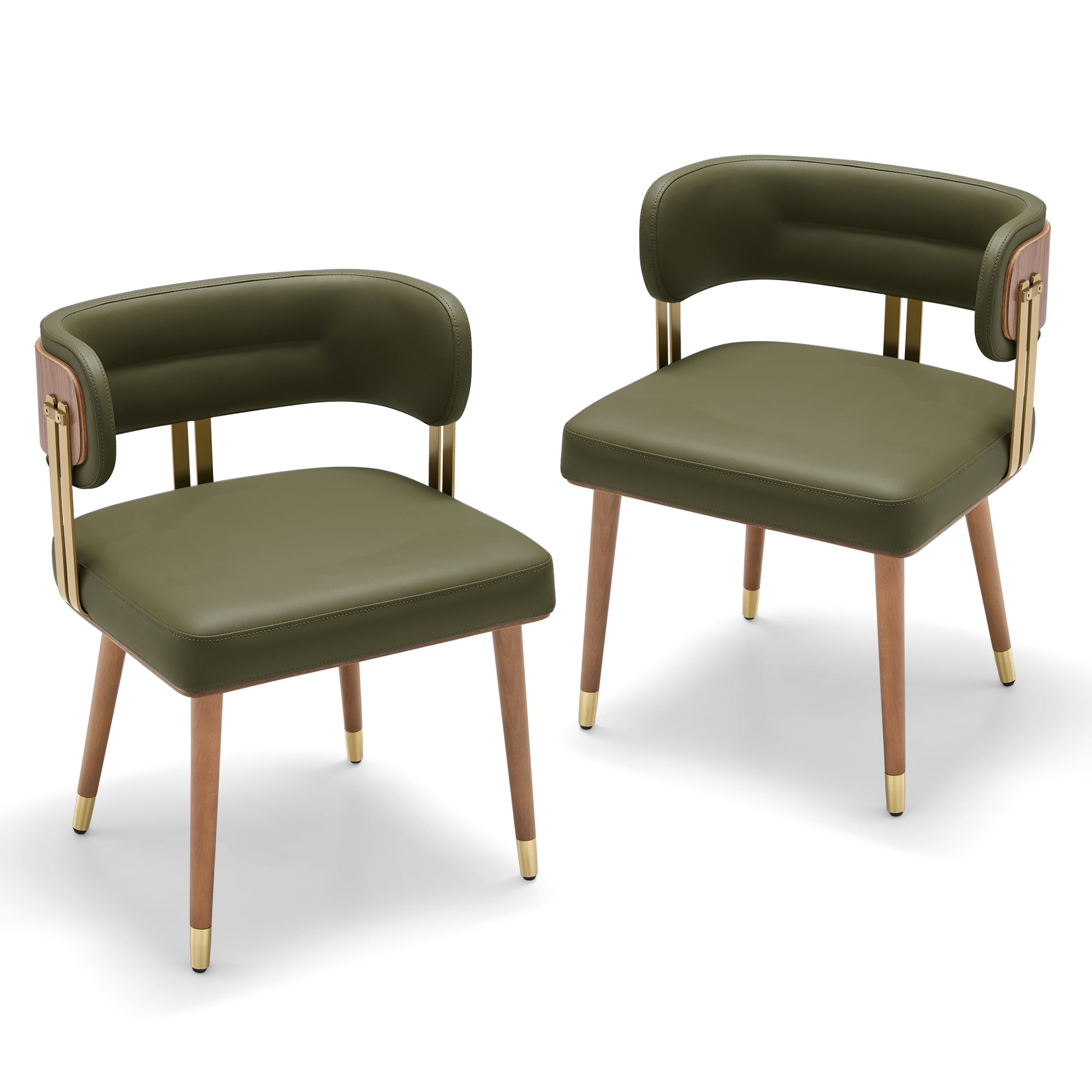 ARTPLAN Mid-Century Modern Dining Chair, Leather Upholstered Kitchen Chairs with Walnut Wood Veneer & Gold Metal Legs, High Resilience Foam Cushion for Comfort, Accent Chairs for Dining Room