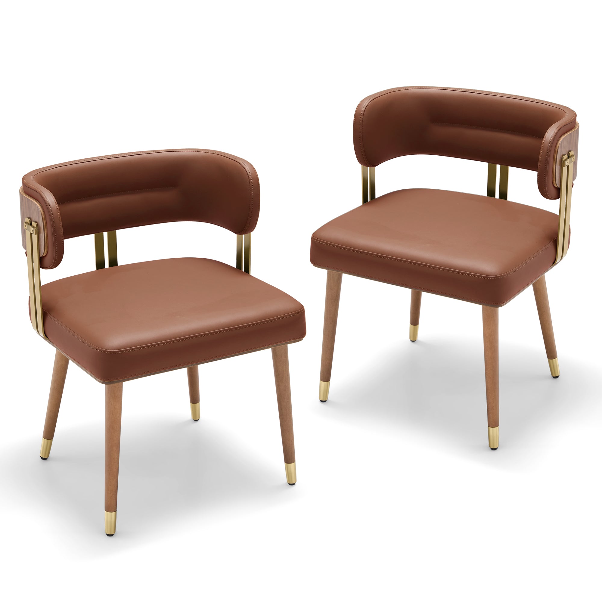 ARTPLAN Walnut Leather Dining Chair - Modern Upholstered Kitchen Chair with High-Resilience Foam Cushion, Stainless Steel Gold Frame for Dining Room, Easy Assembly