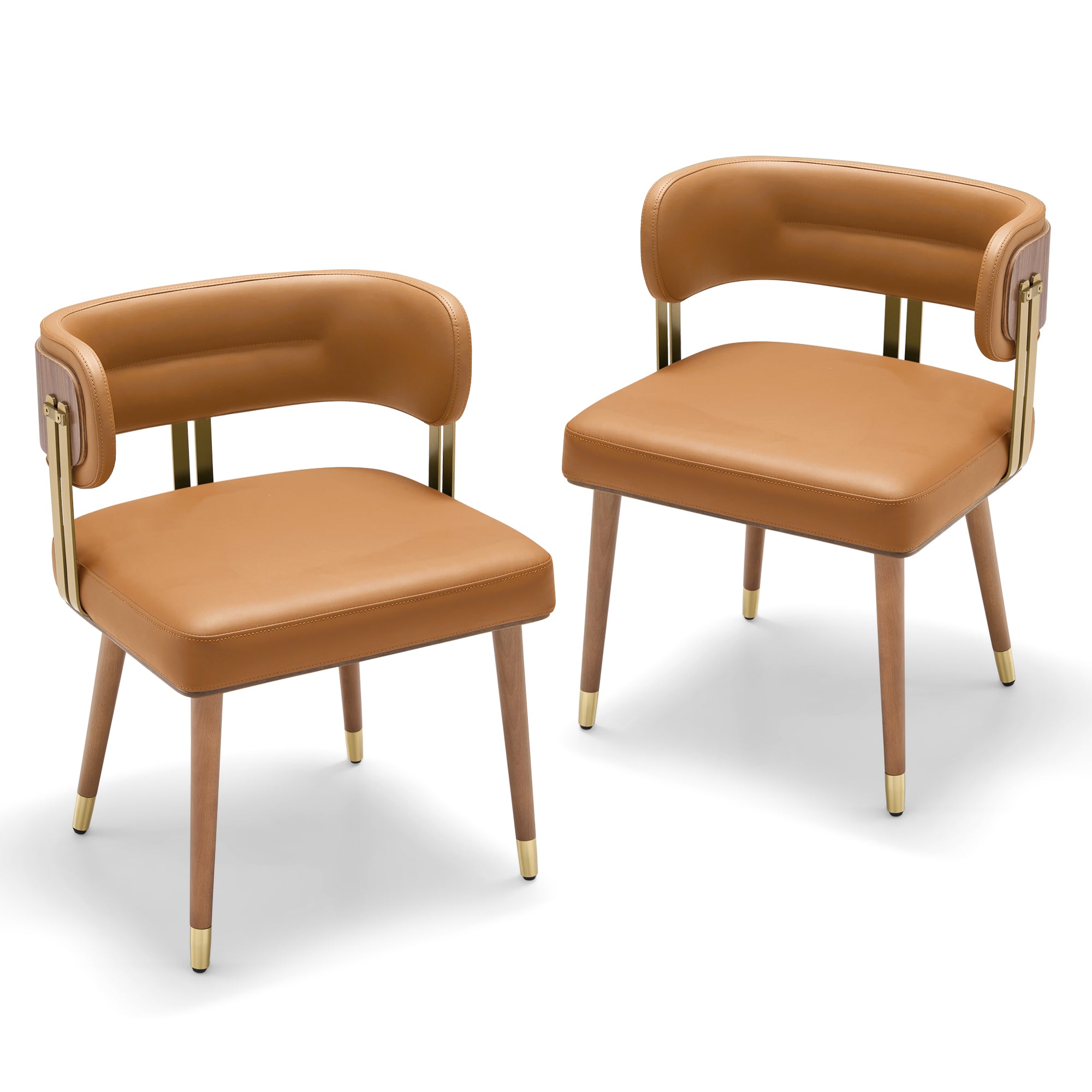 ARTPLAN Mid-Century Modern Dining Chair, Leather Upholstered Kitchen Chairs with Walnut Wood Veneer & Gold Metal Legs, High Resilience Foam Cushion for Comfort, Accent Chairs for Dining Room