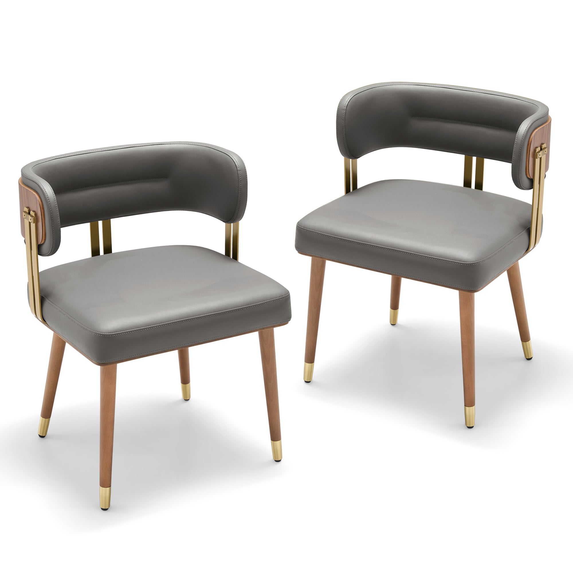 ARTPLAN Mid-Century Modern Dining Chair, Leather Upholstered Kitchen Chairs with Walnut Wood Veneer & Gold Metal Legs, High Resilience Foam Cushion for Comfort, Accent Chairs for Dining Room