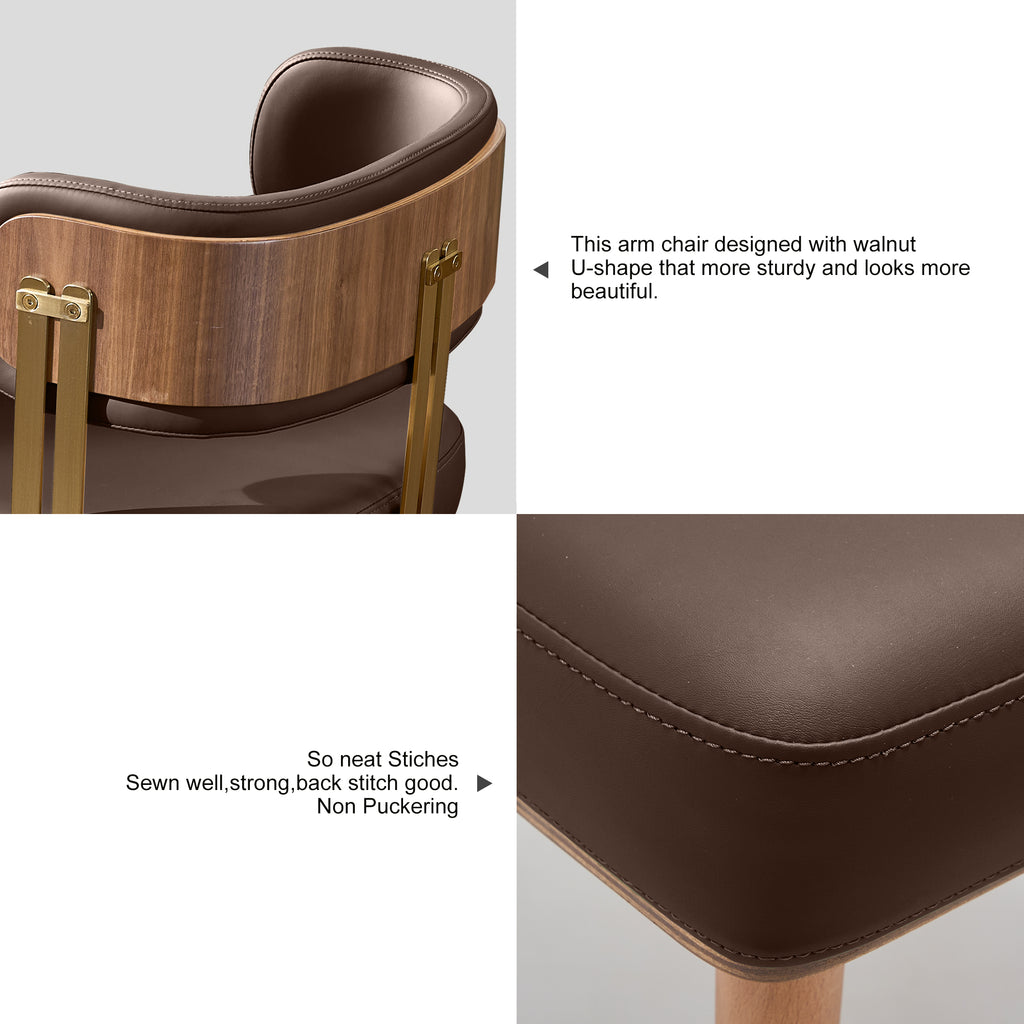 ARTPLAN Walnut Leather Dining Chair - Modern Upholstered Kitchen Chair with High-Resilience Foam Cushion, Stainless Steel Gold Frame for Dining Room, Easy Assembly
