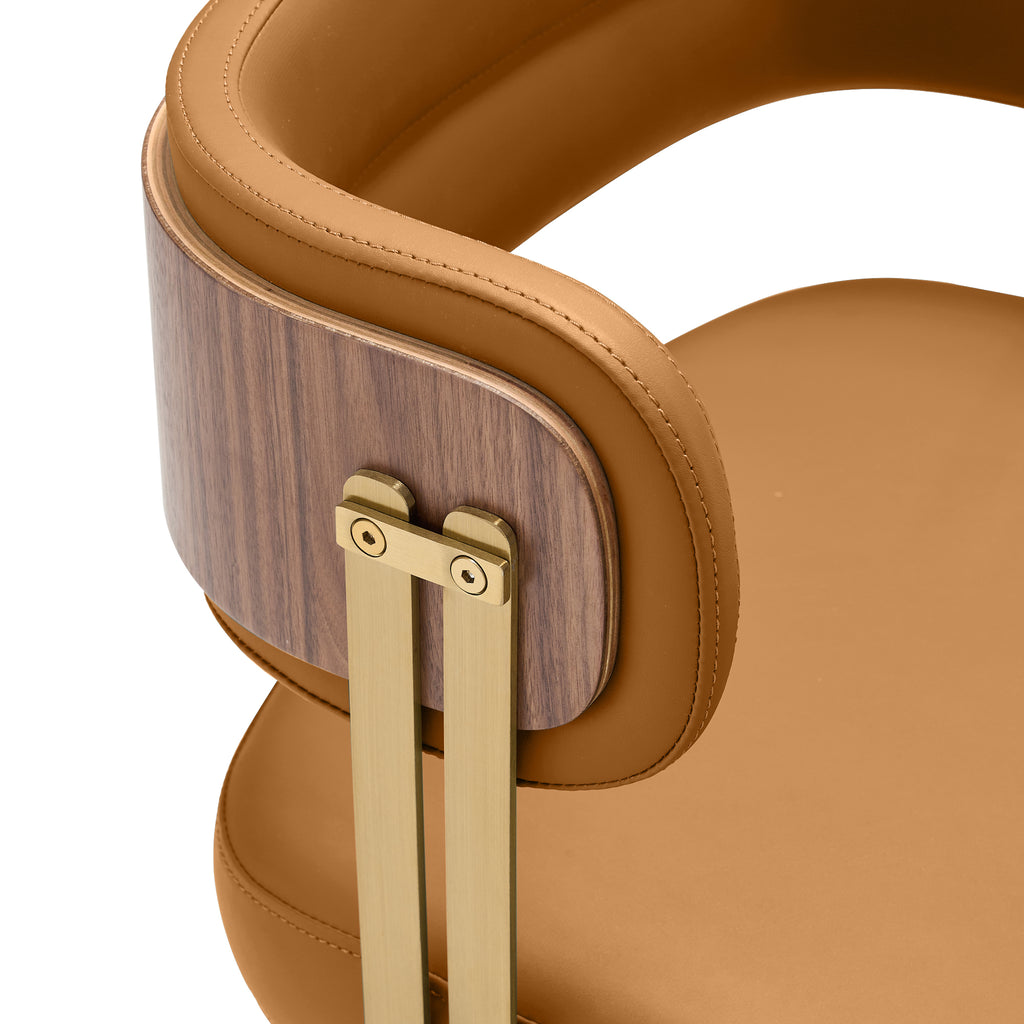 ARTPLAN Walnut Leather Dining Chair - Modern Upholstered Kitchen Chair with High-Resilience Foam Cushion, Stainless Steel Gold Frame for Dining Room, Easy Assembly