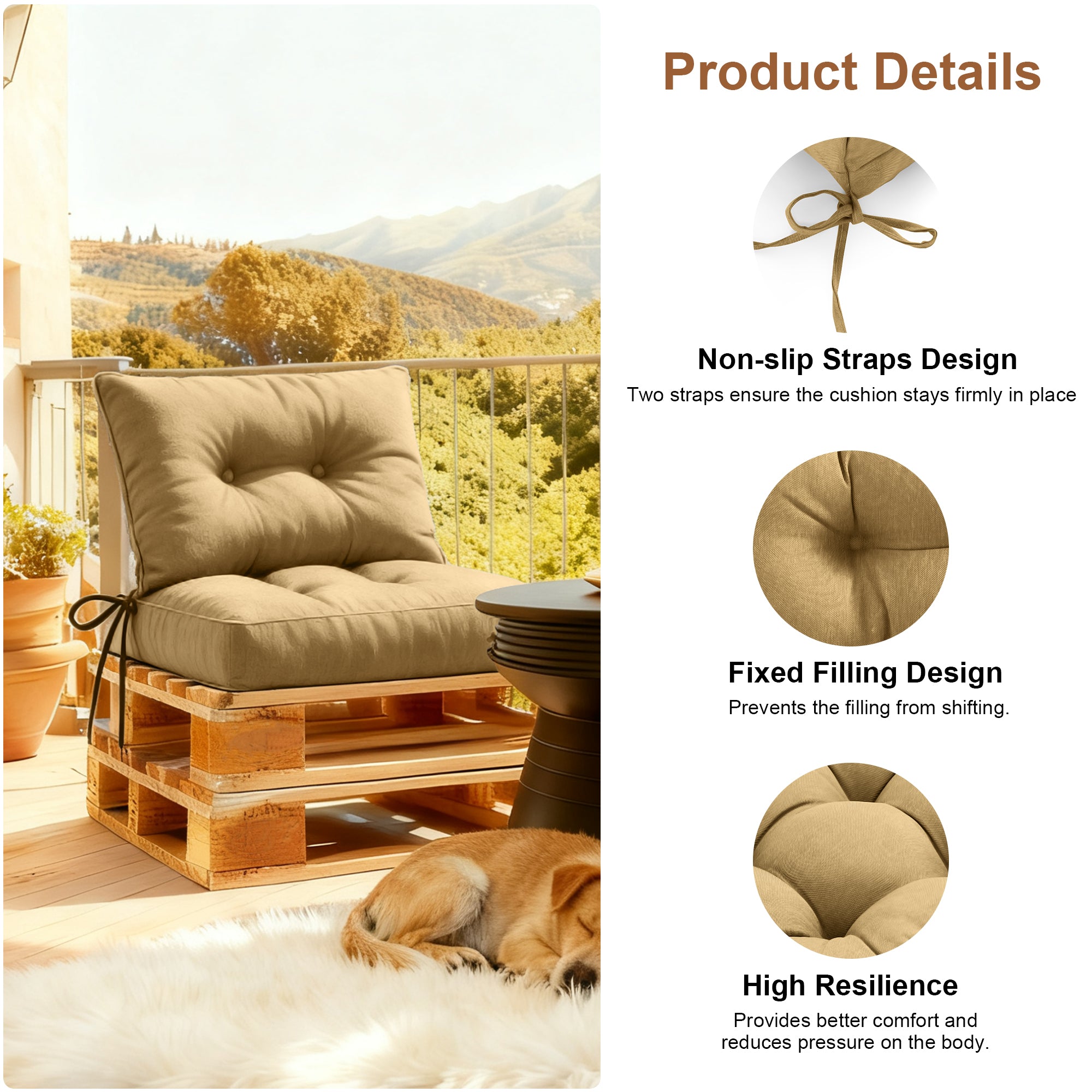 Outdoor Chair Cushions Set of 2, All-Weather Patio Furniture Cushions with High Resilience Foam, Indoor Outdoor Seat & Back Cushion for Patio, Garden, Sunroom