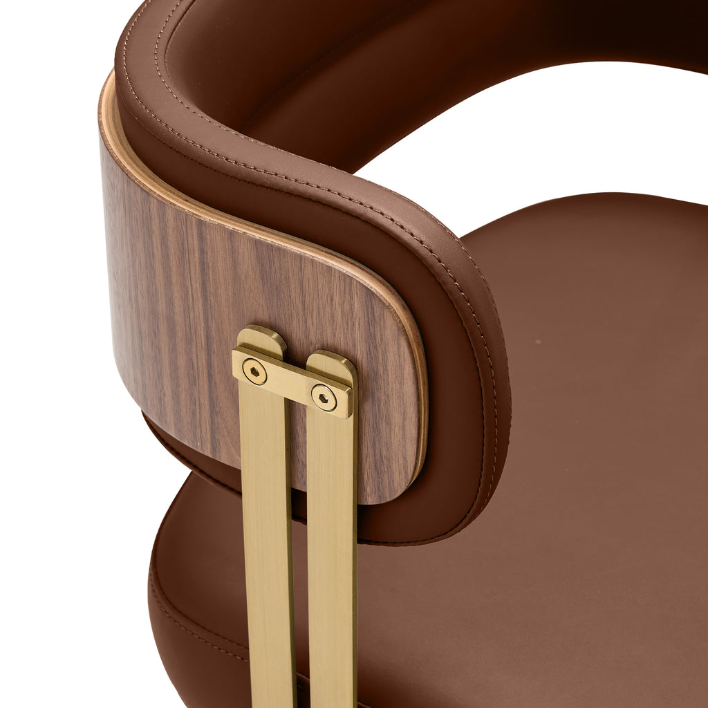 ARTPLAN Walnut Leather Dining Chair - Modern Upholstered Kitchen Chair with High-Resilience Foam Cushion, Stainless Steel Gold Frame for Dining Room, Easy Assembly