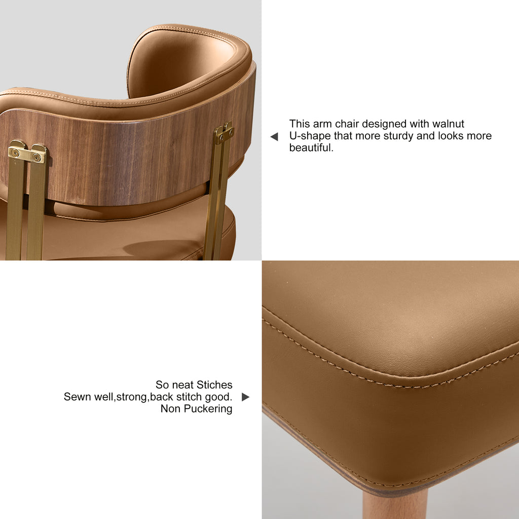 ARTPLAN Walnut Leather Dining Chair - Modern Upholstered Kitchen Chair with High-Resilience Foam Cushion, Stainless Steel Gold Frame for Dining Room, Easy Assembly