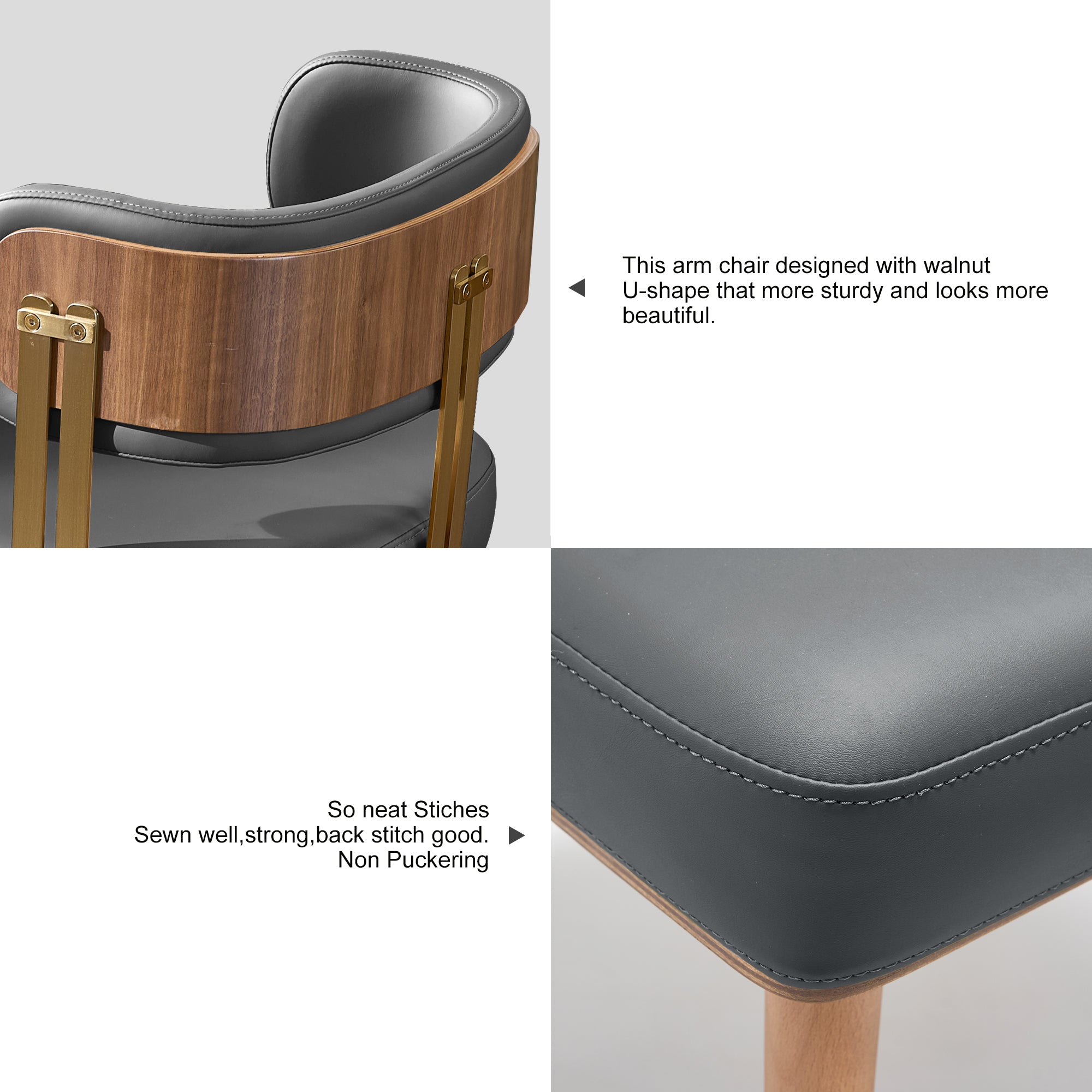 ARTPLAN Mid-Century Modern Dining Chair, Leather Upholstered Kitchen Chairs with Walnut Wood Veneer & Gold Metal Legs, High Resilience Foam Cushion for Comfort, Accent Chairs for Dining Room