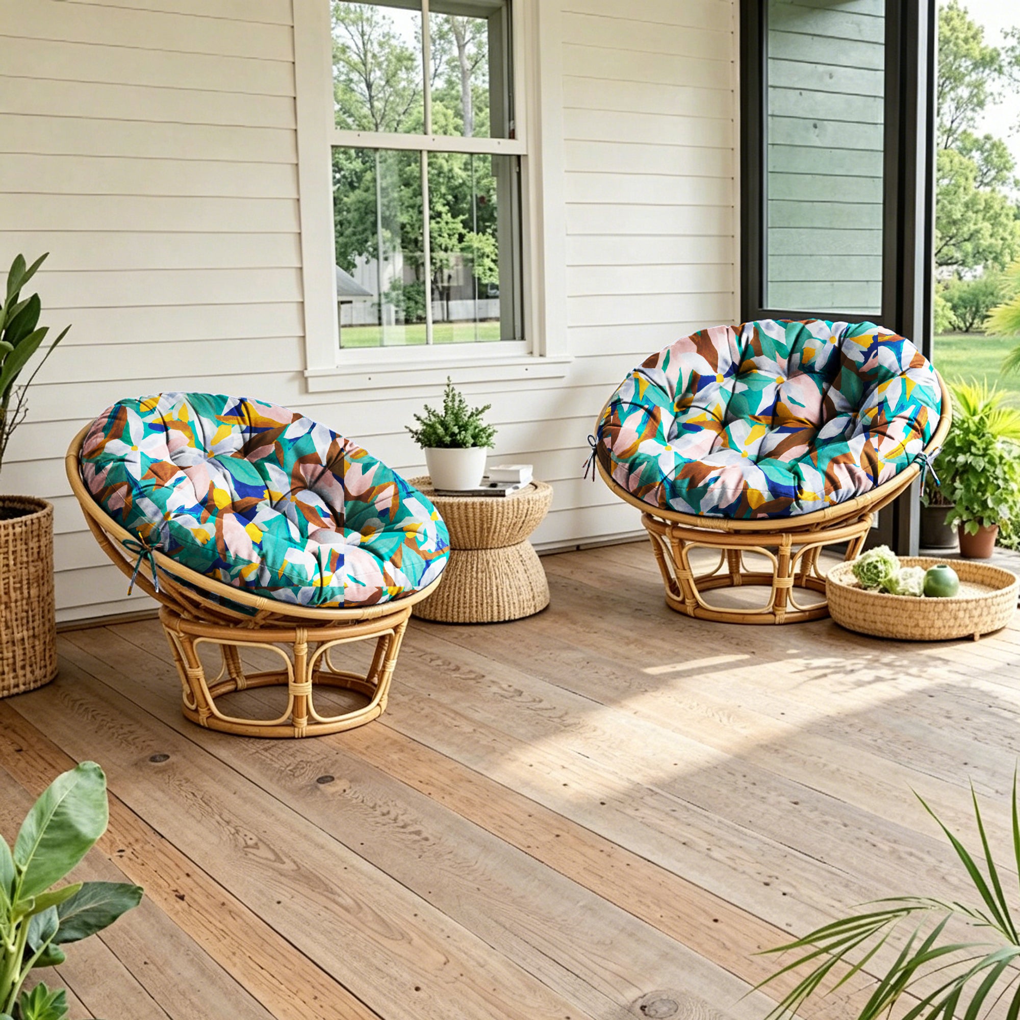 ARTPLAN Round Papasan Chair Cushion Tufted Swing Seat Pad with Ties