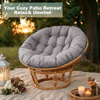 47"×47"×4" tufted round chair cushion, sturdy polyester cover & fluffy fiber fill, fixed carry ties fit papasan, swing & wicker indoor chairs