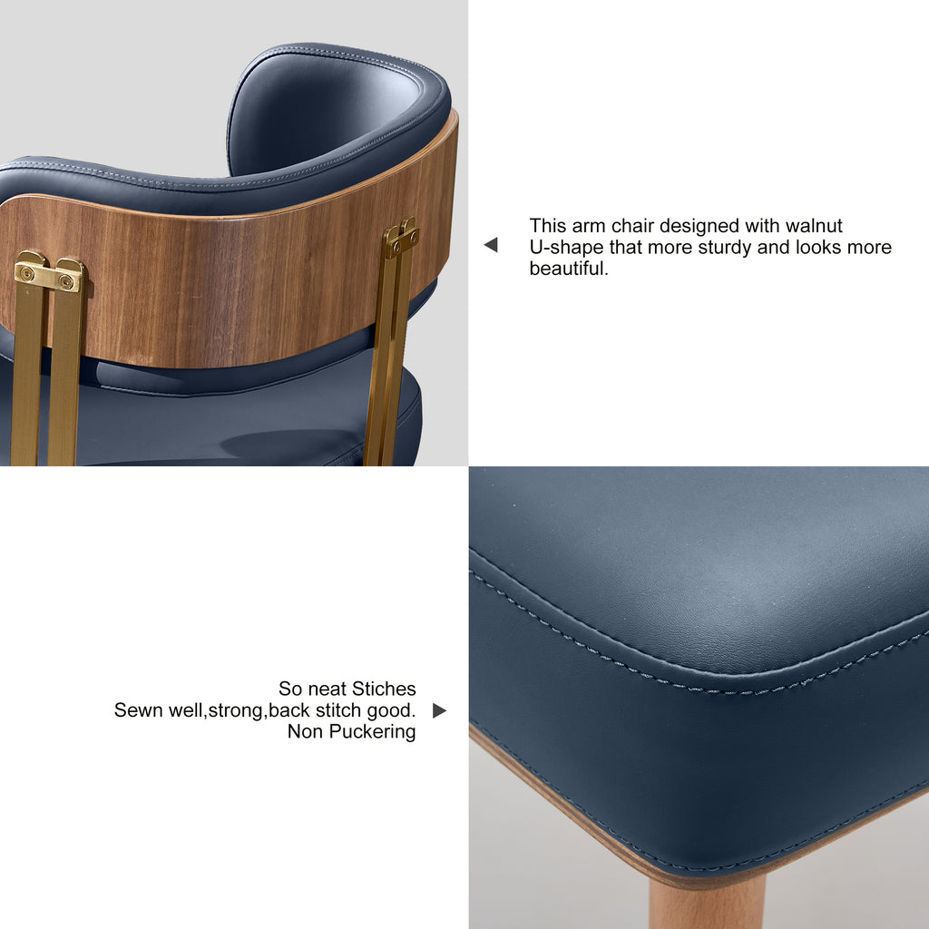 ARTPLAN Walnut Leather Dining Chair - Modern Upholstered Kitchen Chair with High-Resilience Foam Cushion, Stainless Steel Gold Frame for Dining Room, Easy Assembly