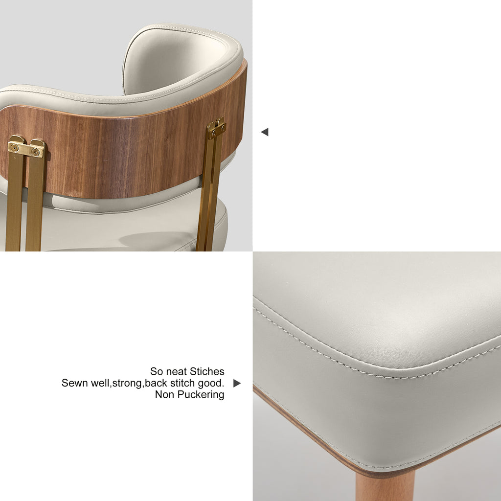 ARTPLAN Walnut Leather Dining Chair - Modern Upholstered Kitchen Chair with High-Resilience Foam Cushion, Stainless Steel Gold Frame for Dining Room, Easy Assembly