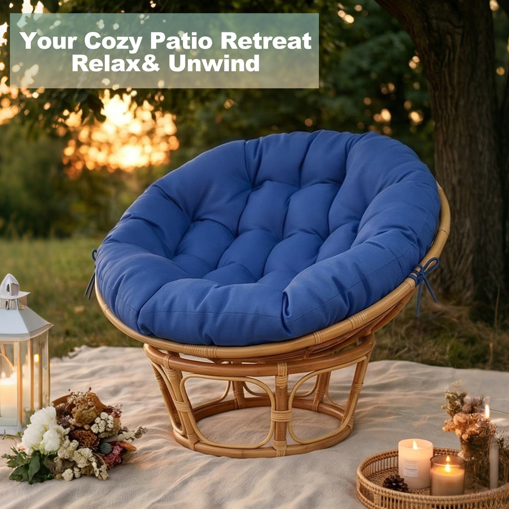 47"×47"×4" tufted round chair cushion, sturdy polyester cover & fluffy fiber fill, fixed carry ties fit papasan, swing & wicker indoor chairs