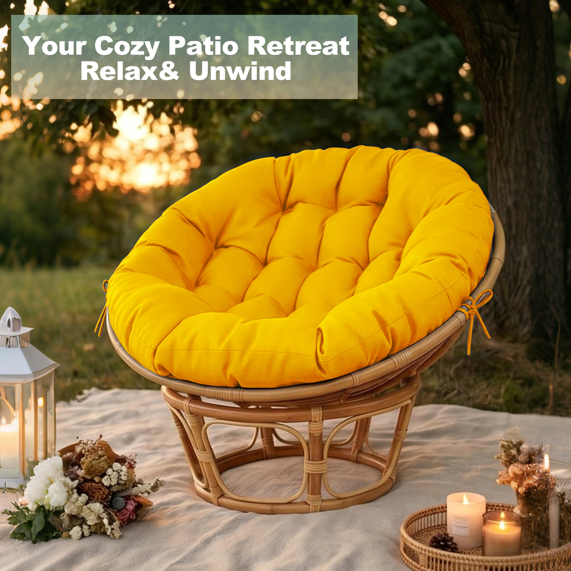47"×47"×4" tufted round chair cushion, sturdy polyester cover & fluffy fiber fill, fixed carry ties fit papasan, swing & wicker indoor chairs