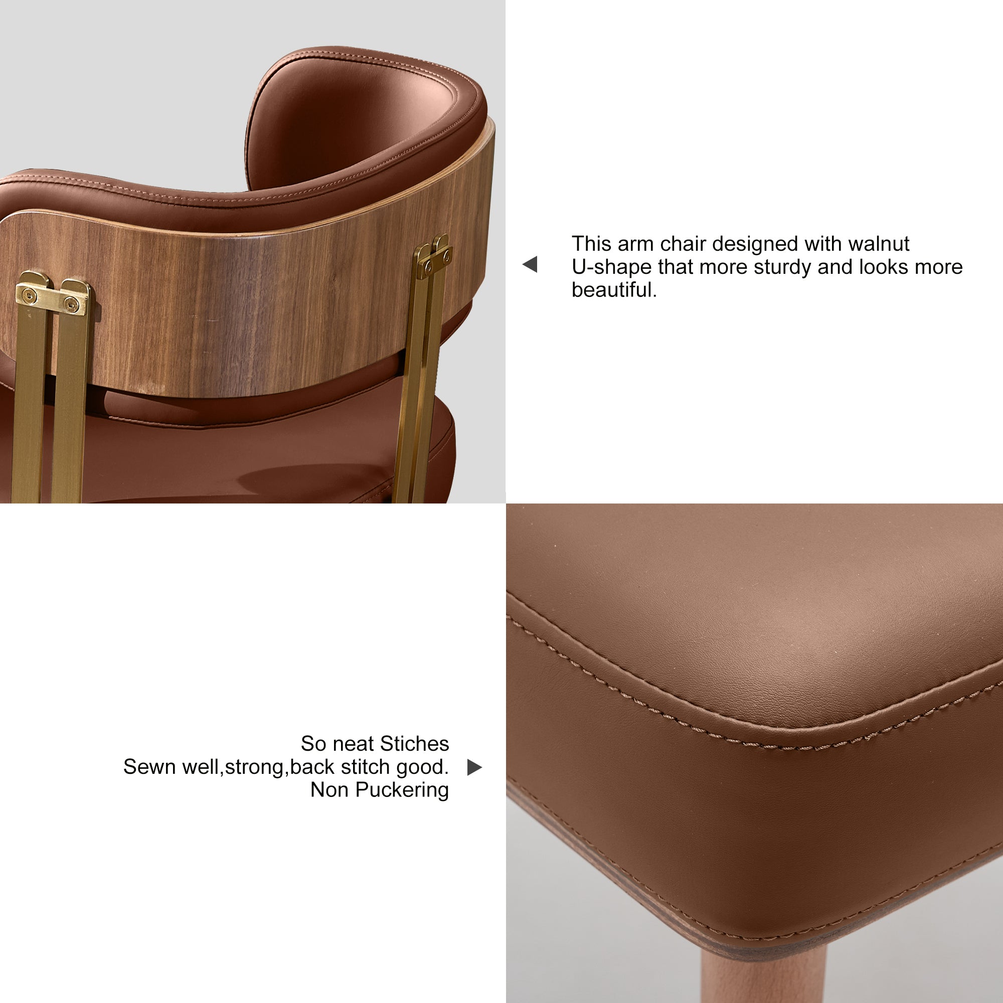 ARTPLAN Mid-Century Modern Dining Chair, Leather Upholstered Kitchen Chairs with Walnut Wood Veneer & Gold Metal Legs, High Resilience Foam Cushion for Comfort, Accent Chairs for Dining Room