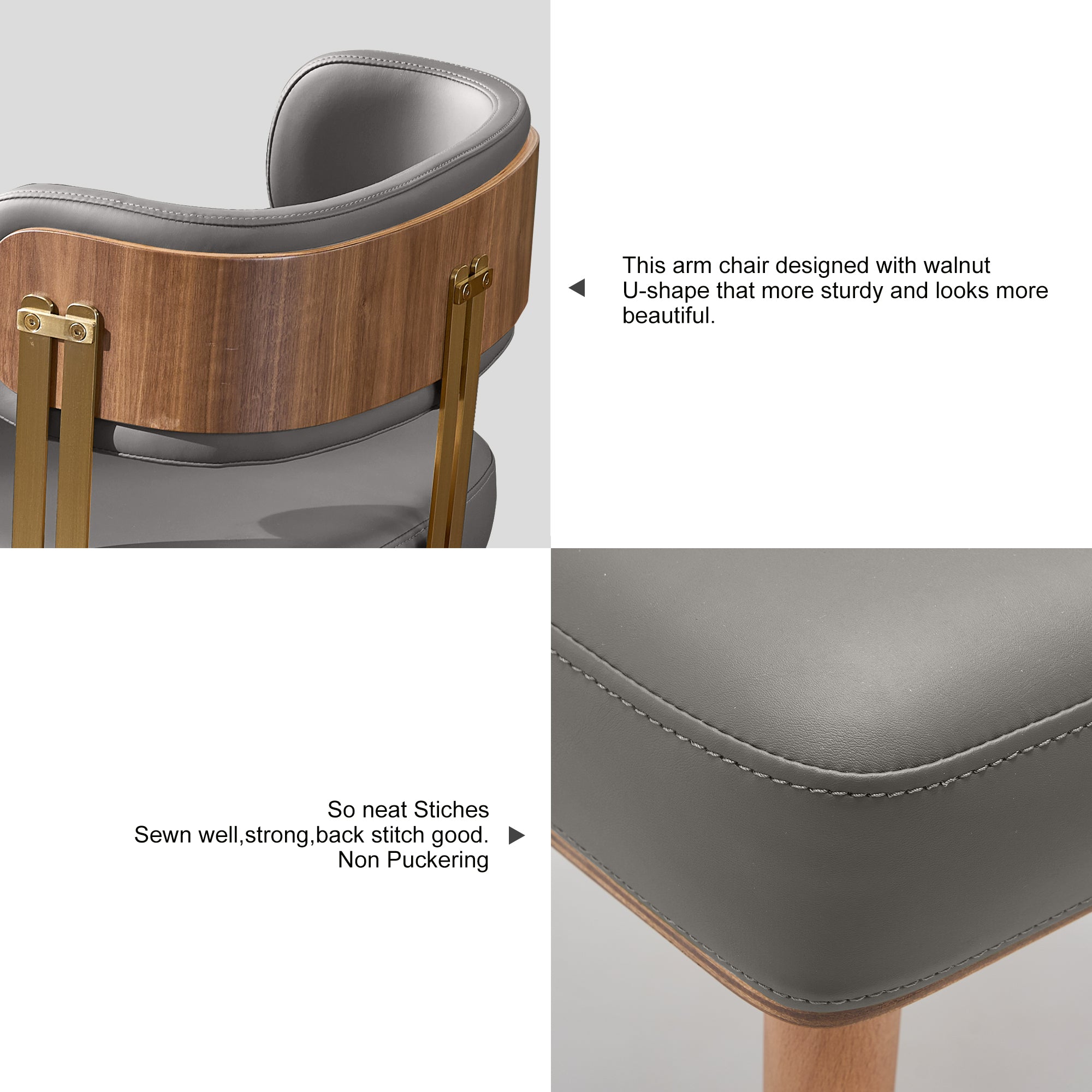 ARTPLAN Walnut Leather Dining Chair - Modern Upholstered Kitchen Chair with High-Resilience Foam Cushion, Stainless Steel Gold Frame for Dining Room, Easy Assembly