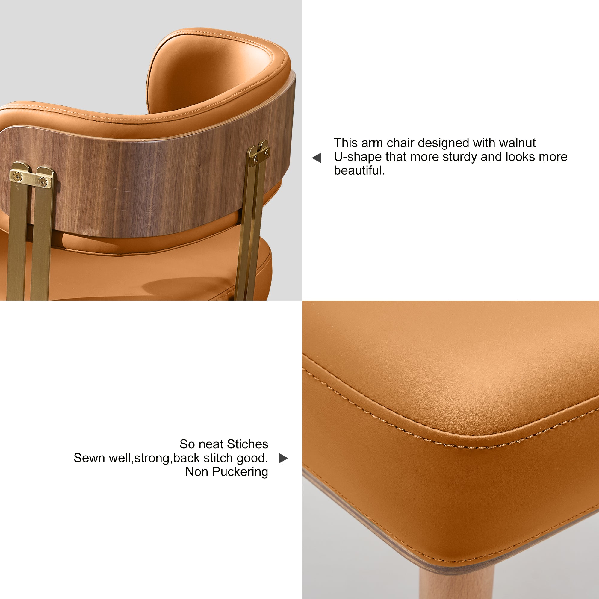 ARTPLAN Walnut Leather Dining Chair - Modern Upholstered Kitchen Chair with High-Resilience Foam Cushion, Stainless Steel Gold Frame for Dining Room, Easy Assembly