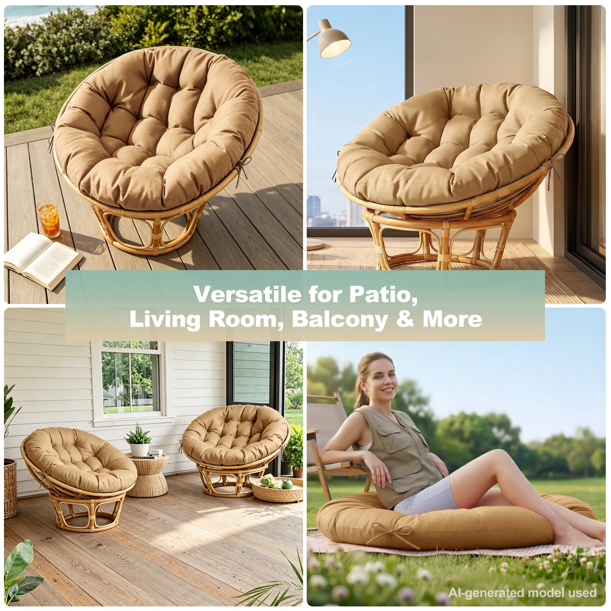 47"×47"×4" tufted round chair cushion, sturdy polyester cover & fluffy fiber fill, fixed carry ties fit papasan, swing & wicker indoor chairs