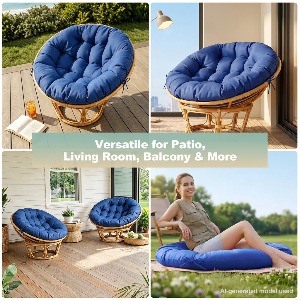 47"×47"×4" tufted round chair cushion, sturdy polyester cover & fluffy fiber fill, fixed carry ties fit papasan, swing & wicker indoor chairs