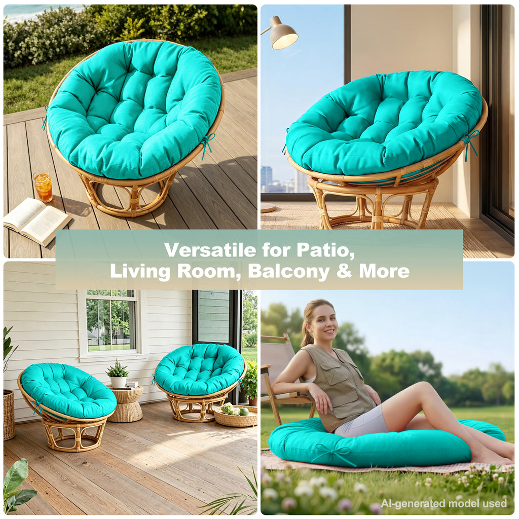 47"×47"×4" tufted round chair cushion, sturdy polyester cover & fluffy fiber fill, fixed carry ties fit papasan, swing & wicker indoor chairs
