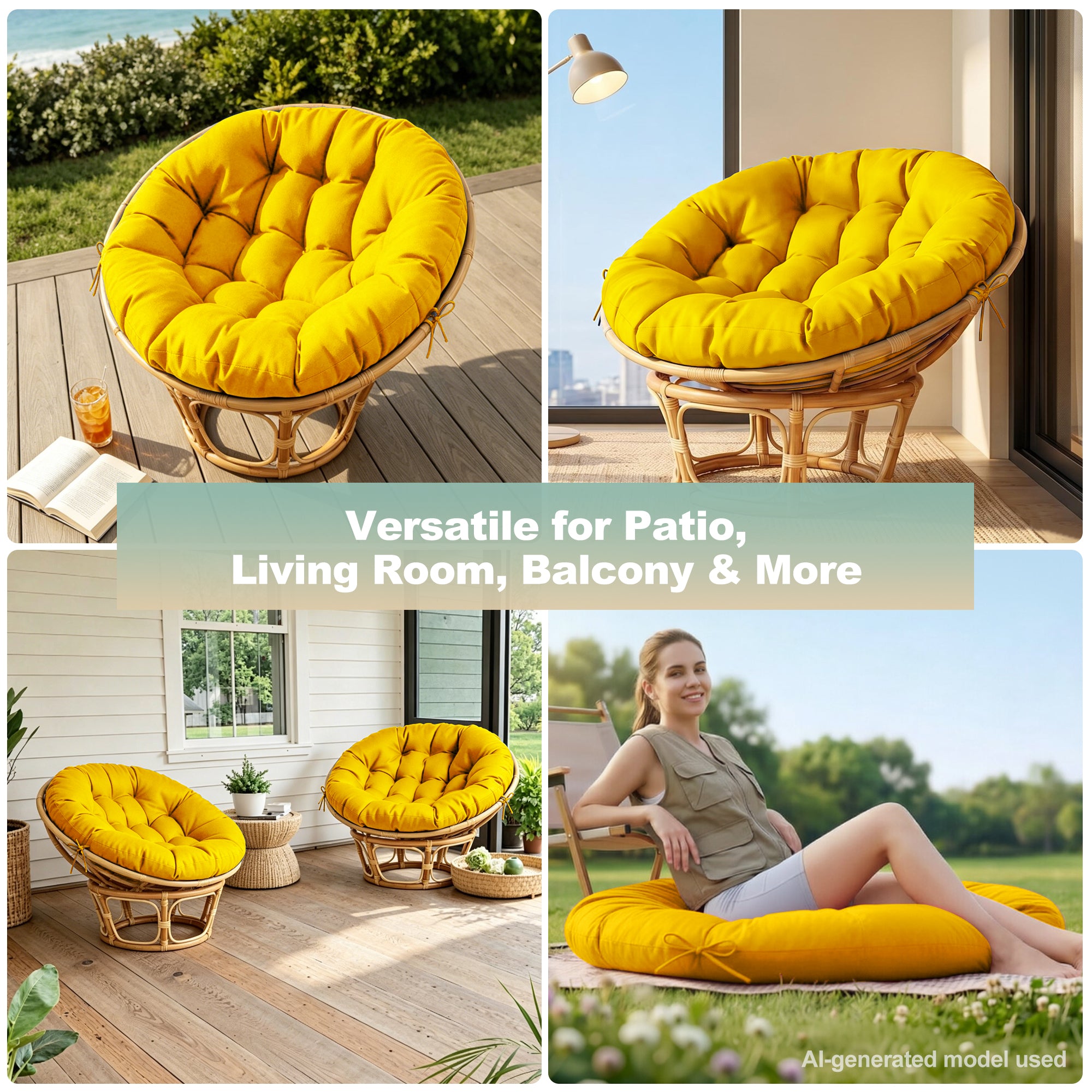 47"×47"×4" tufted round chair cushion, sturdy polyester cover & fluffy fiber fill, fixed carry ties fit papasan, swing & wicker indoor chairs