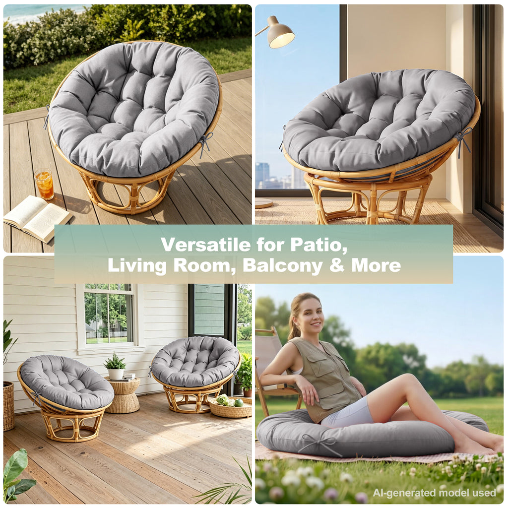 47"×47"×4" tufted round chair cushion, sturdy polyester cover & fluffy fiber fill, fixed carry ties fit papasan, swing & wicker indoor chairs