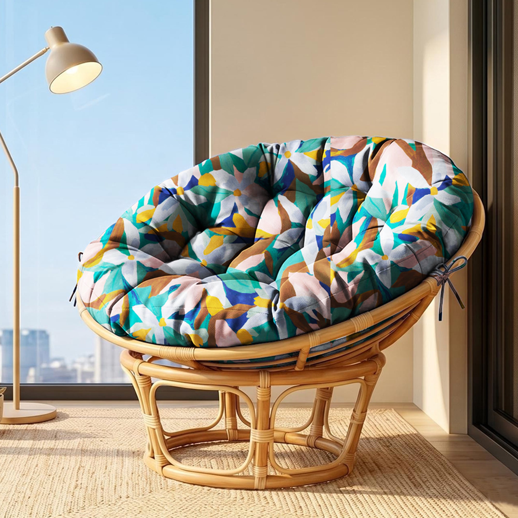 ARTPLAN Round Papasan Chair Cushion Tufted Swing Seat Pad with Ties