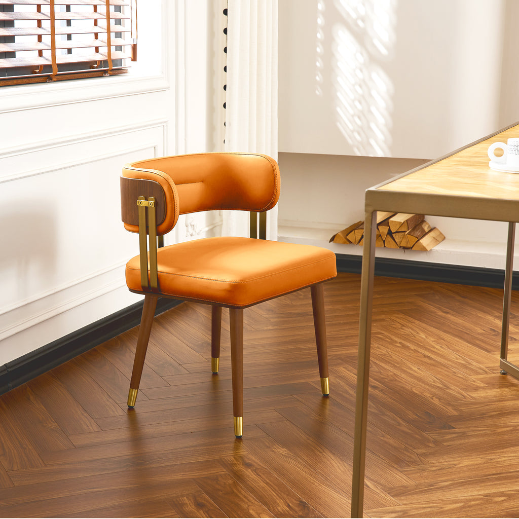 ARTPLAN Walnut Leather Dining Chair - Modern Upholstered Kitchen Chair with High-Resilience Foam Cushion, Stainless Steel Gold Frame for Dining Room, Easy Assembly