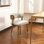 ARTPLAN Walnut Leather Dining Chair - Modern Upholstered Kitchen Chair with High-Resilience Foam Cushion, Stainless Steel Gold Frame for Dining Room, Easy Assembly