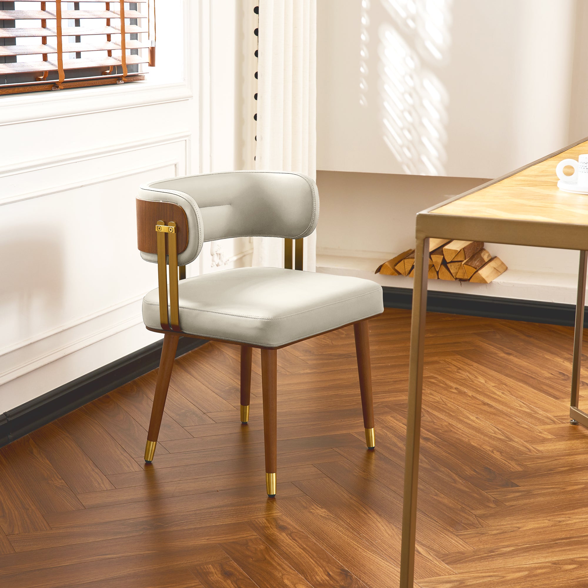 ARTPLAN Walnut Leather Dining Chair - Modern Upholstered Kitchen Chair with High-Resilience Foam Cushion, Stainless Steel Gold Frame for Dining Room, Easy Assembly