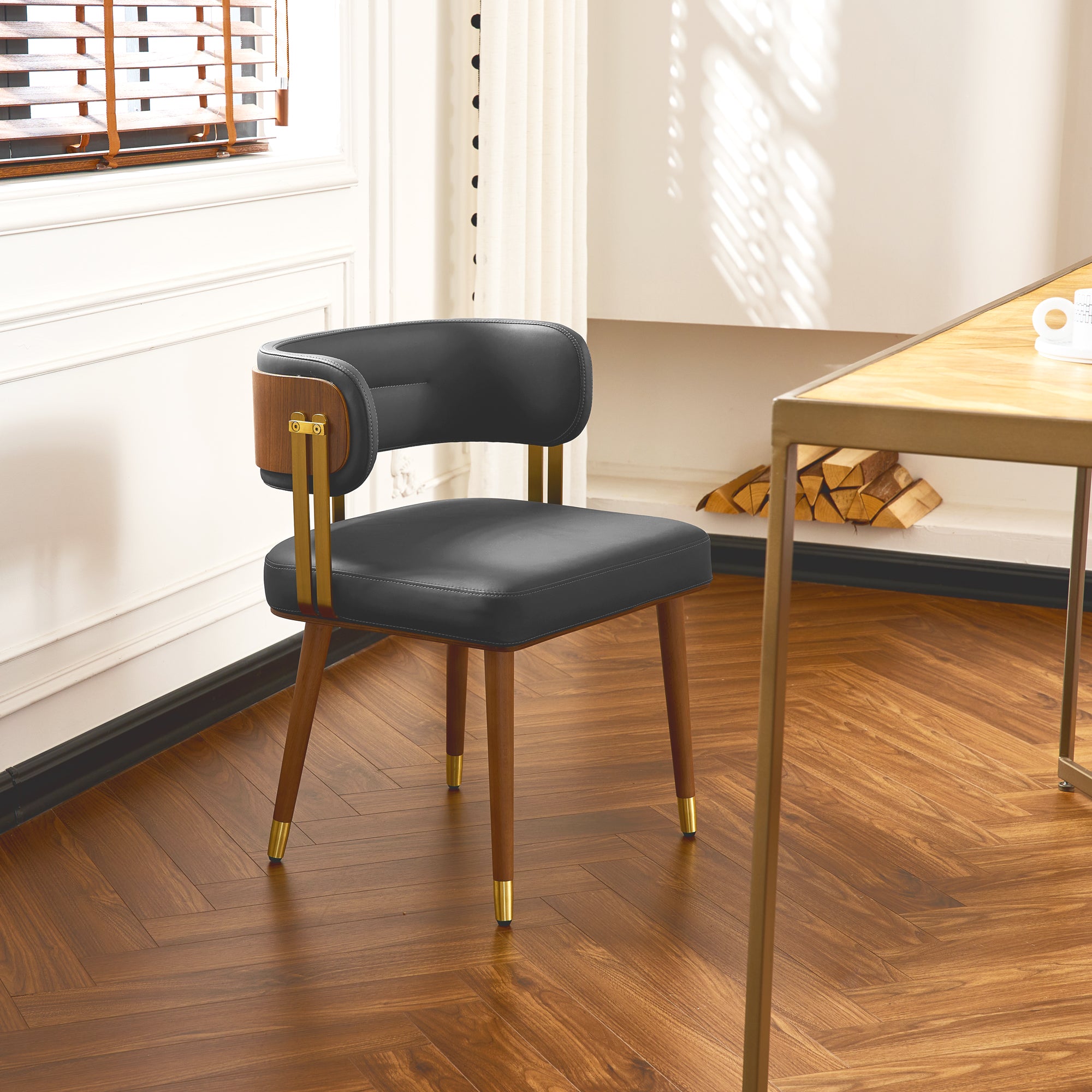 ARTPLAN Walnut Leather Dining Chair - Modern Upholstered Kitchen Chair with High-Resilience Foam Cushion, Stainless Steel Gold Frame for Dining Room, Easy Assembly