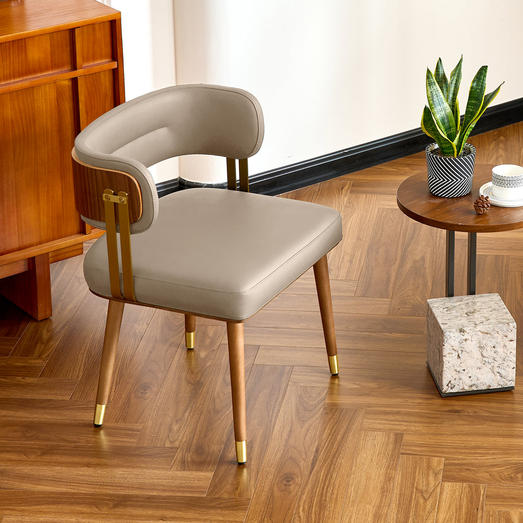 ARTPLAN Walnut Leather Dining Chair - Modern Upholstered Kitchen Chair with High-Resilience Foam Cushion, Stainless Steel Gold Frame for Dining Room, Easy Assembly