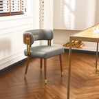 ARTPLAN Walnut Leather Dining Chair - Modern Upholstered Kitchen Chair with High-Resilience Foam Cushion, Stainless Steel Gold Frame for Dining Room, Easy Assembly