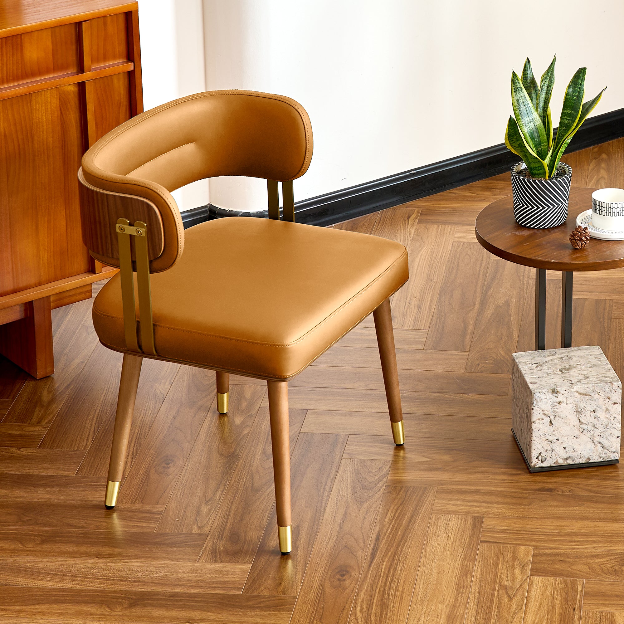 ARTPLAN Mid-Century Modern Dining Chair, Leather Upholstered Kitchen Chairs with Walnut Wood Veneer & Gold Metal Legs, High Resilience Foam Cushion for Comfort, Accent Chairs for Dining Room