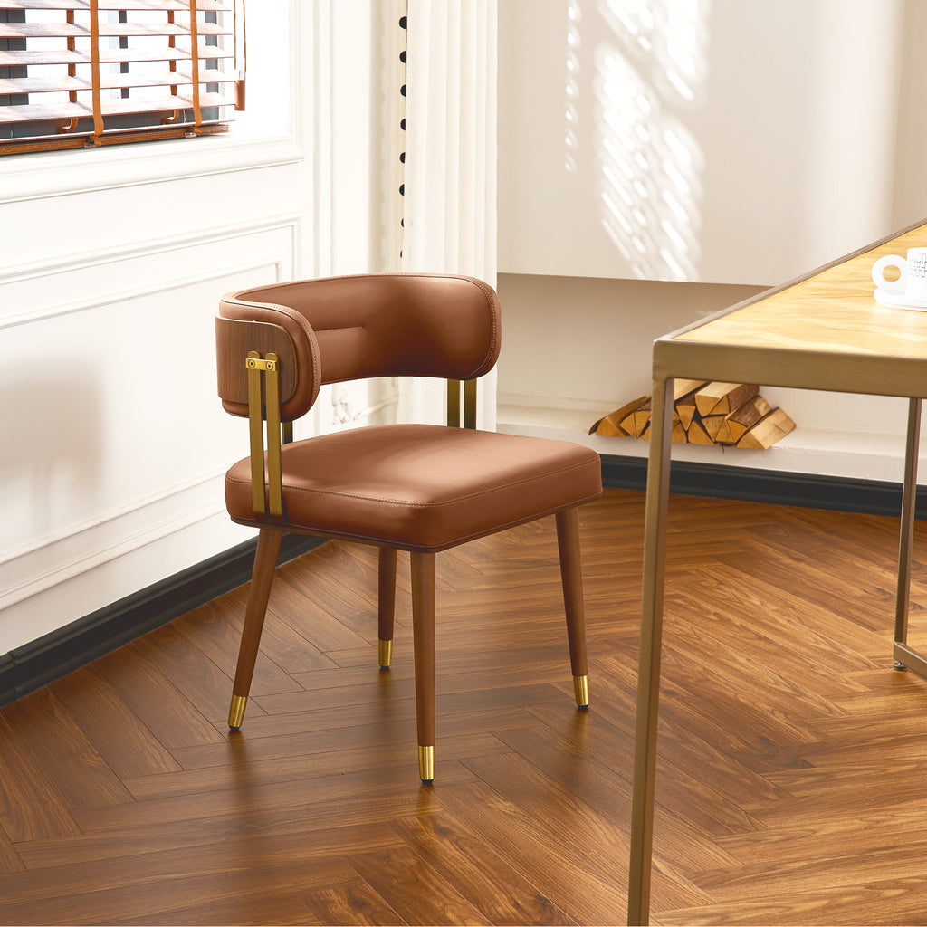 ARTPLAN Walnut Leather Dining Chair - Modern Upholstered Kitchen Chair with High-Resilience Foam Cushion, Stainless Steel Gold Frame for Dining Room, Easy Assembly