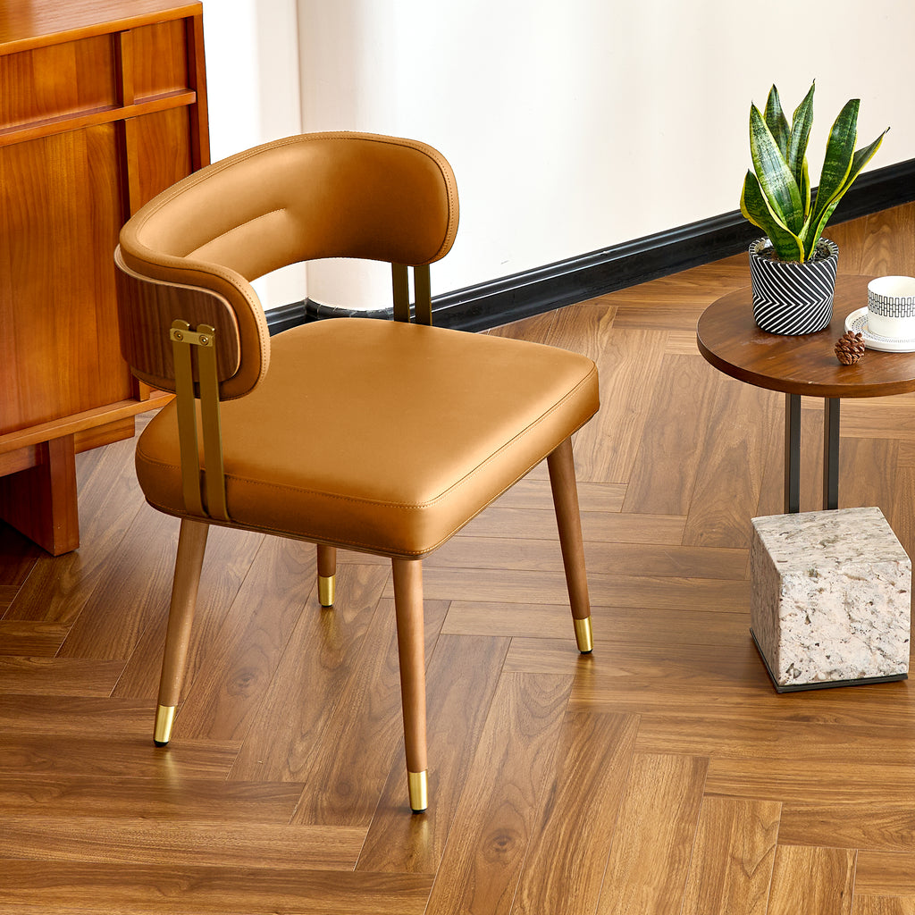 ARTPLAN Walnut Leather Dining Chair - Modern Upholstered Kitchen Chair with High-Resilience Foam Cushion, Stainless Steel Gold Frame for Dining Room, Easy Assembly