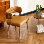 ARTPLAN Walnut Leather Dining Chair - Modern Upholstered Kitchen Chair with High-Resilience Foam Cushion, Stainless Steel Gold Frame for Dining Room, Easy Assembly