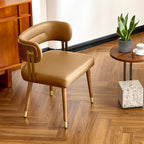 ARTPLAN Walnut Leather Dining Chair - Modern Upholstered Kitchen Chair with High-Resilience Foam Cushion, Stainless Steel Gold Frame for Dining Room, Easy Assembly